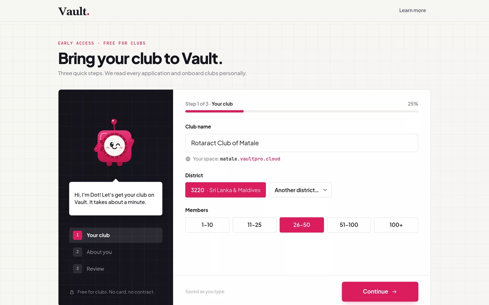 Vault's three-step club application, with Dot the mascot guiding the user.