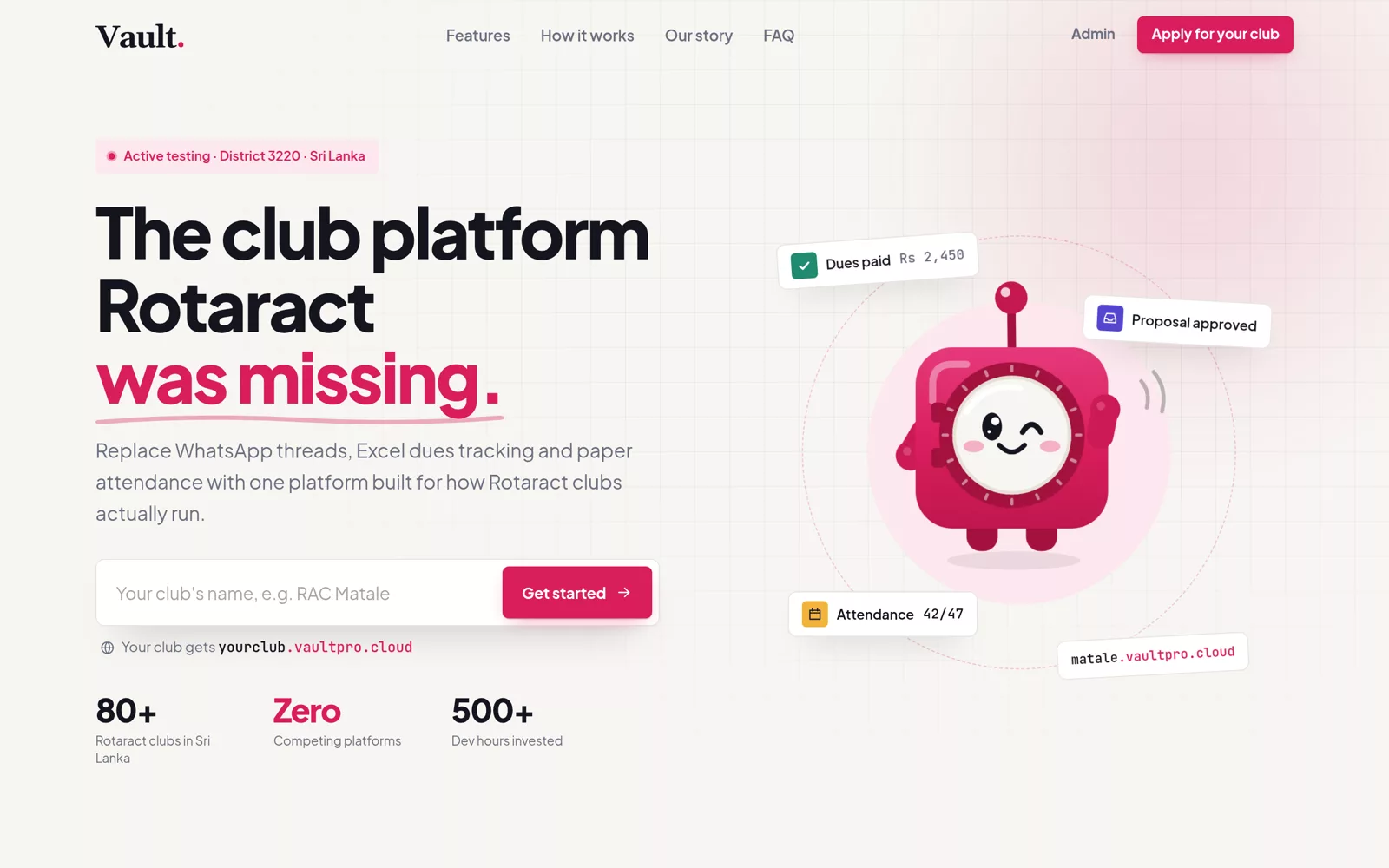 The Vault website: the club platform Rotaract was missing, with Dot the mascot waving.